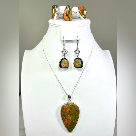Unakite 925 Gemstone Pendant Bracelet Earrings Set - Picture 3 of 10